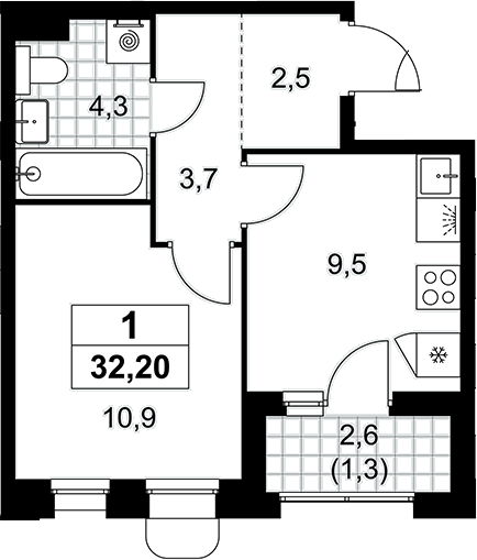 1-комн., 30.9 м², 10/16 этаж, ЖК «Прокшино»