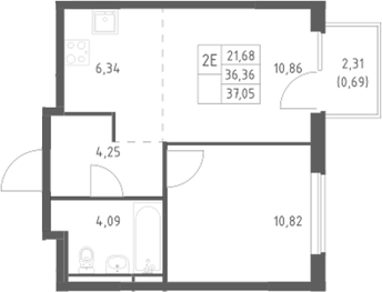 2-комн., 36.36 м², 7/17 этаж, ЖК «Мытищи Парк»