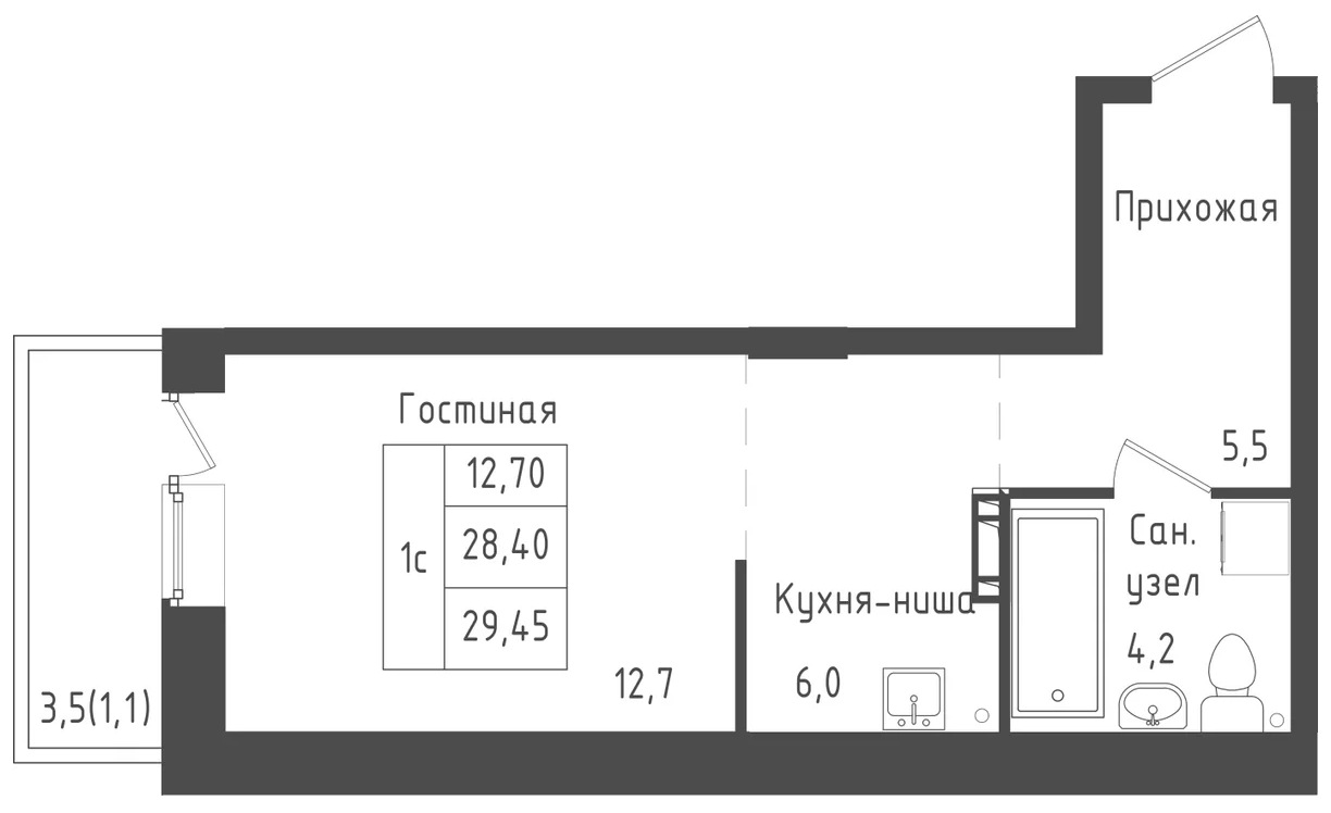 Студия, 28.4 м², 4/5 этаж, ЖК «Зеленый город»