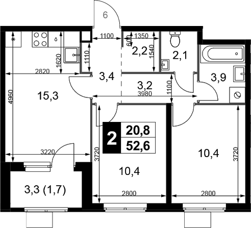 3-комн., 50.9 м², 6/6 этаж, ЖК «1-й Химкинский»