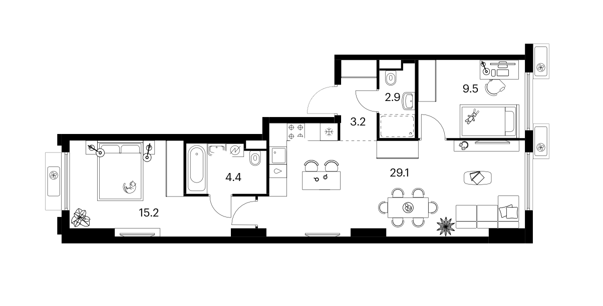 2-комн., 64.3 м², 8/19 этаж, ЖК «Белая Дача парк»