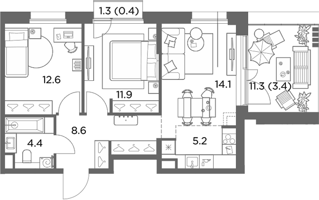 3-комн., 56.8 м², 6/6 этаж, ЖК «Станиславский»