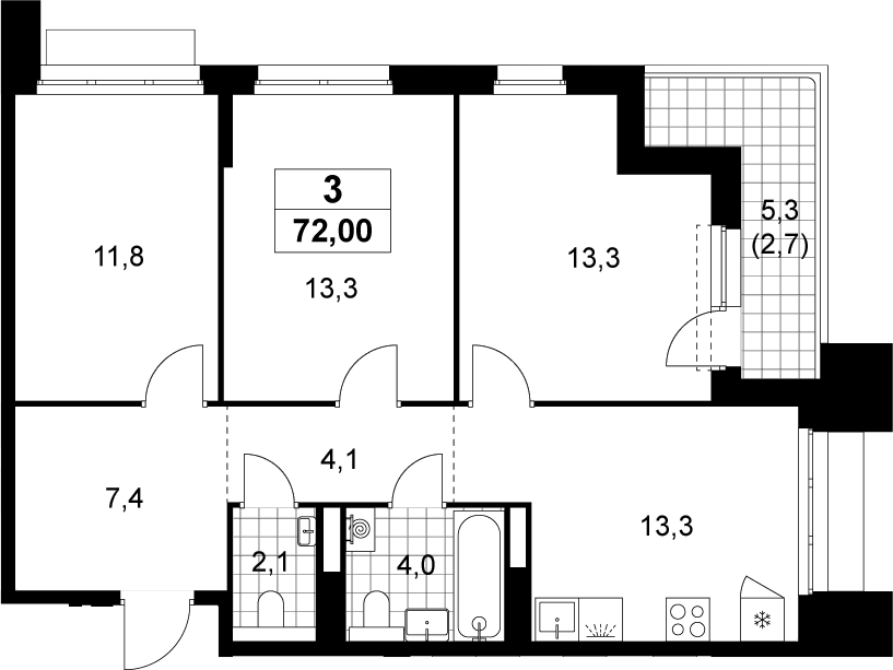 3-комн., 69.3 м², 21/22 этаж, ЖК «Деснаречье»