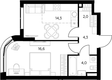 1-комн., 41.4 м², 25/43 этаж, ЖК «Адмирал»
