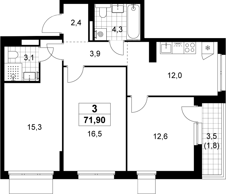 3-комн., 70.1 м², 17/19 этаж, ЖК «Деснаречье»