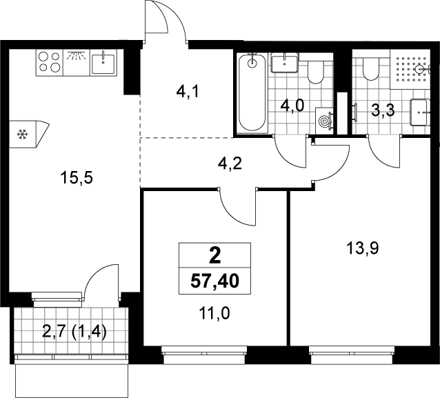 3-комн., 56 м², 14/19 этаж, ЖК «Деснаречье»