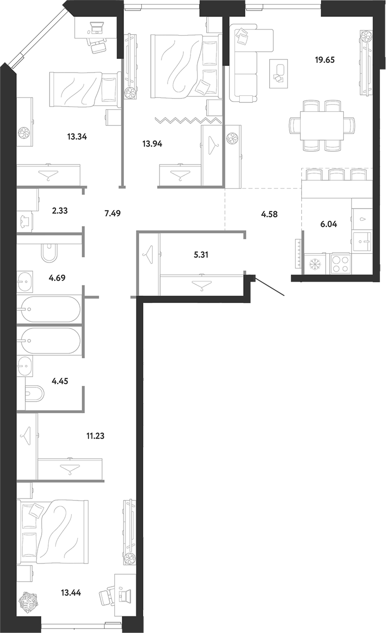 3-комн., 106.49 м², 10/12 этаж, ЖК «Ридж»