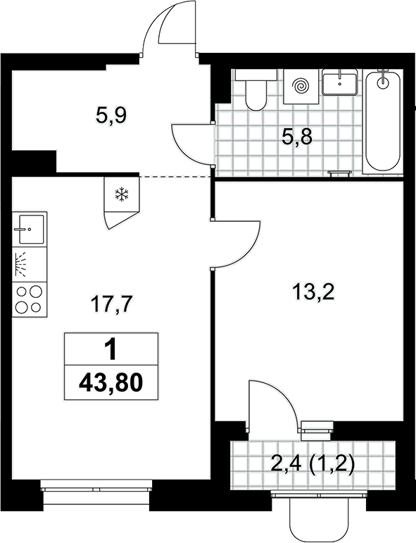 2-комн., 42.6 м², 7/10 этаж, ЖК «Прокшино»