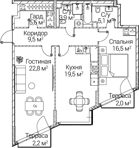 2-комн., 79.97 м², 3/12 этаж, ЖК «СЕЗАР БУДУЩЕЕ»