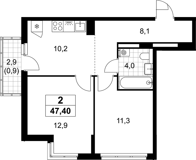 2-комн., 46.5 м², 6/12 этаж, ЖК «Деснаречье»