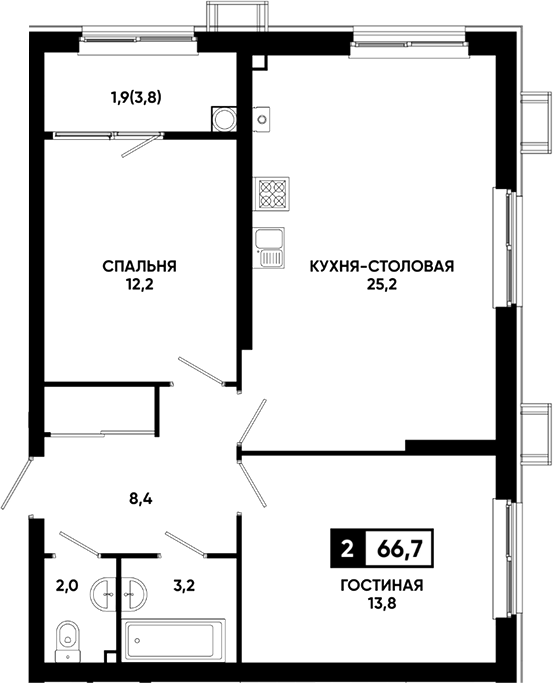 2-комн., 64.8 м², 1/23 этаж, ЖК «Резиденция Софи»