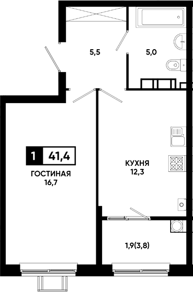 1-комн., 39.5 м², 4/23 этаж, ЖК «Резиденция Софи»