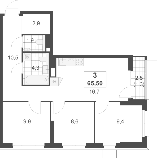 3-комн., 64.2 м², 3/22 этаж, ЖК «Скандинавия»