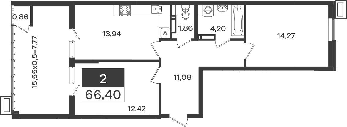 2-комн. квартира, 57.77 м² в ЖК Образцово — фото 2