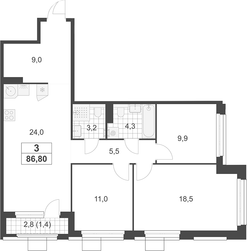 4+ комнаты, 85.4 м², 17/19 этаж, ЖК «Южные сады»