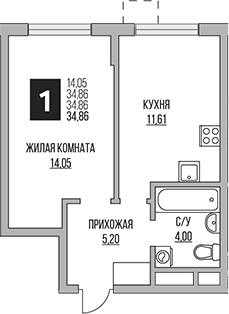1-комн., 34.86 м², 1/12 этаж, ЖК «Гранель Мытищи»
