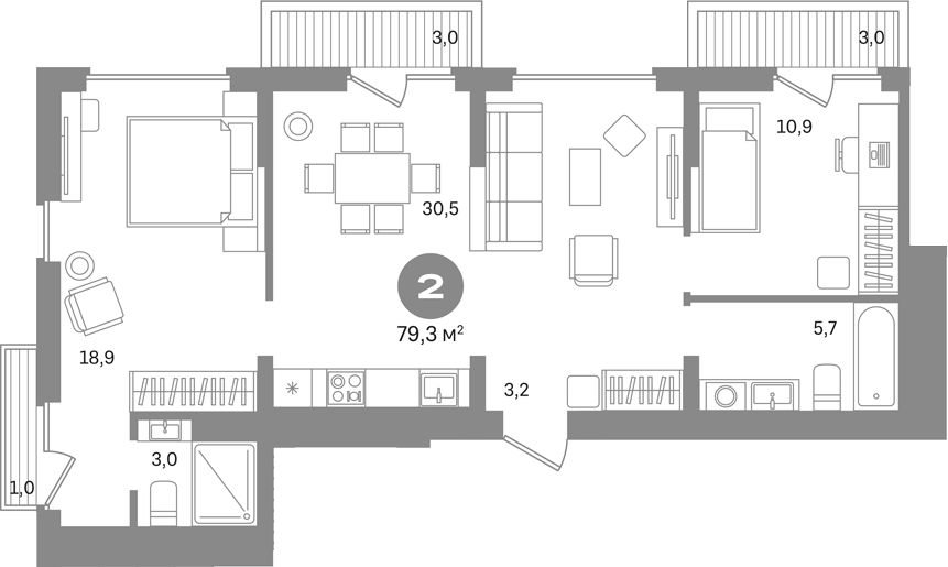 2-комн., 72.3 м², 4/8 этаж, ЖК «Первый квартал. Вторая очередь»