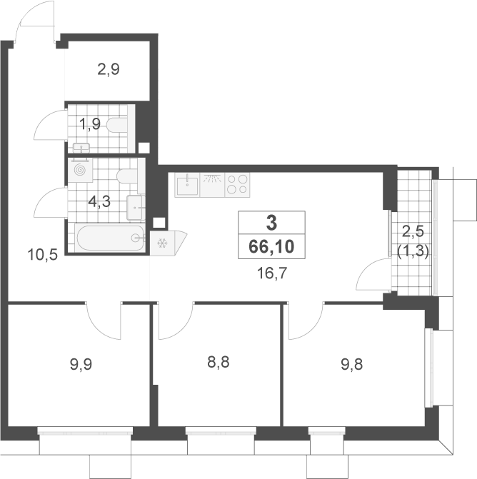 3-комн., 64.8 м², 20/22 этаж, ЖК «Скандинавия»