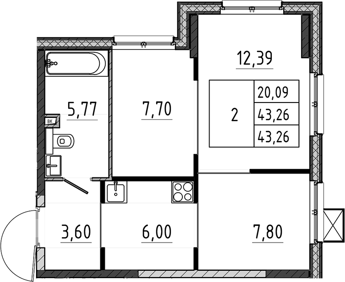 2-комн., 43.26 м², 3/17 этаж, ЖК «Поварово-Молодежный-2»