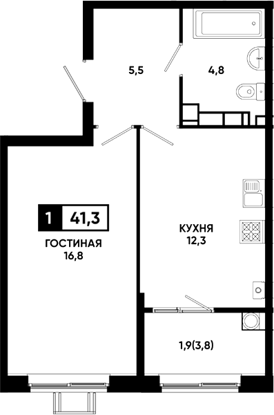 1-комн., 39.4 м², 12/23 этаж, ЖК «Резиденция Софи»