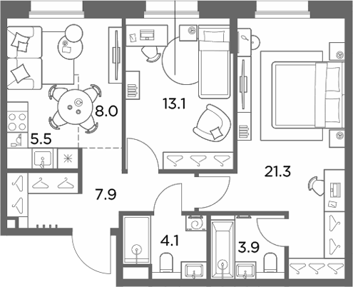 3-комн., 63.8 м², 3/6 этаж, ЖК «Станиславский»