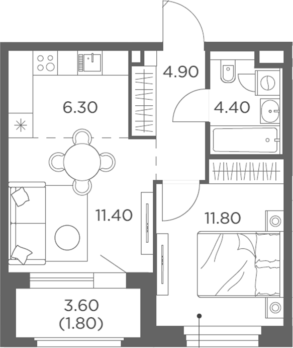 2-комн., 38.8 м², 23/23 этаж, ЖК «Белый Град»