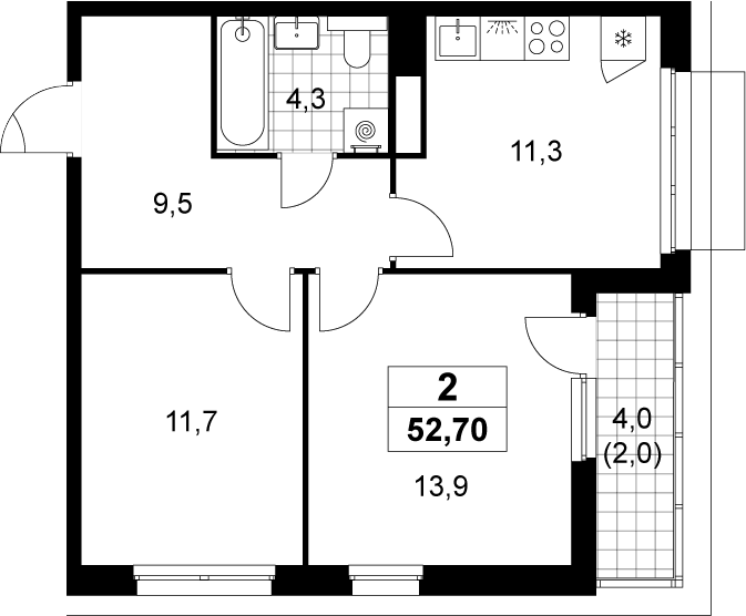 2-комн., 50.7 м², 13/15 этаж, ЖК «Деснаречье»