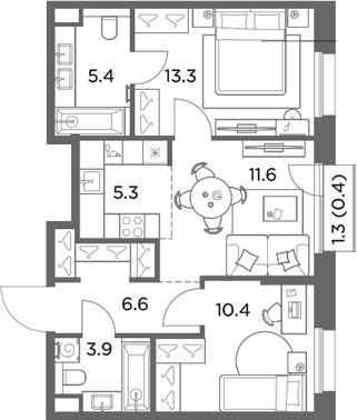 3-комн., 56.5 м², 4/6 этаж, ЖК «Станиславский»