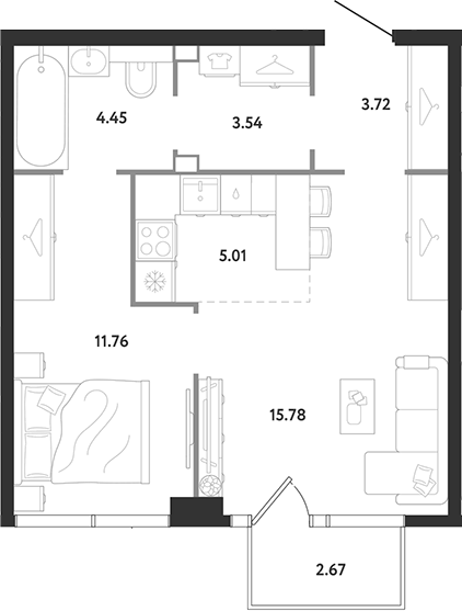 1-комн., 44.26 м², 14/24 этаж, ЖК «Ридж»