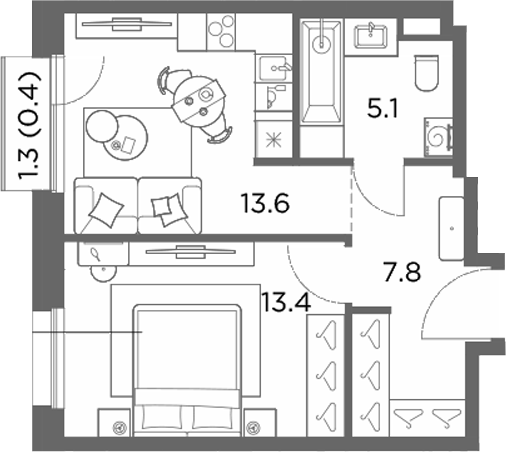 1-комн., 39.9 м², 6/6 этаж, ЖК «Станиславский»