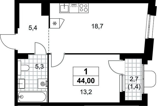2-комн., 42.6 м², 10/16 этаж, ЖК «Прокшино»