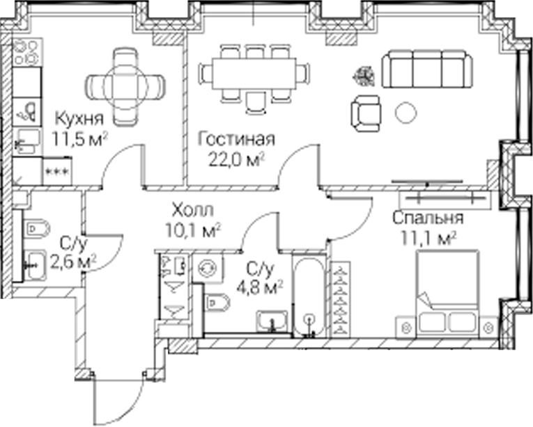 2-комн., 61.68 м², 2/6 этаж, ЖК «СЕЗАР БУДУЩЕЕ»