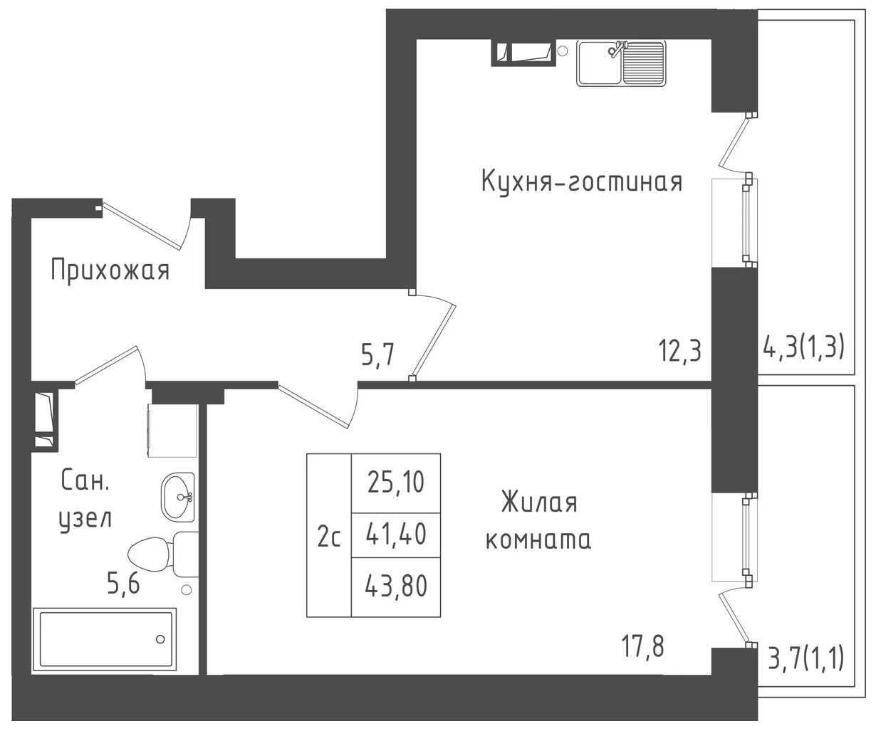 1-комн., 41.4 м², 2/5 этаж, ЖК «Зеленый город»