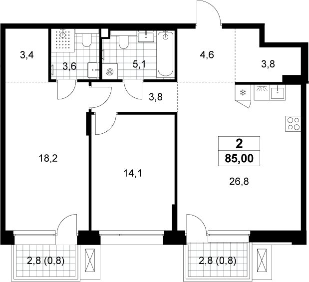 3-комн., 83.4 м², 2/6 этаж, ЖК «Хольм»