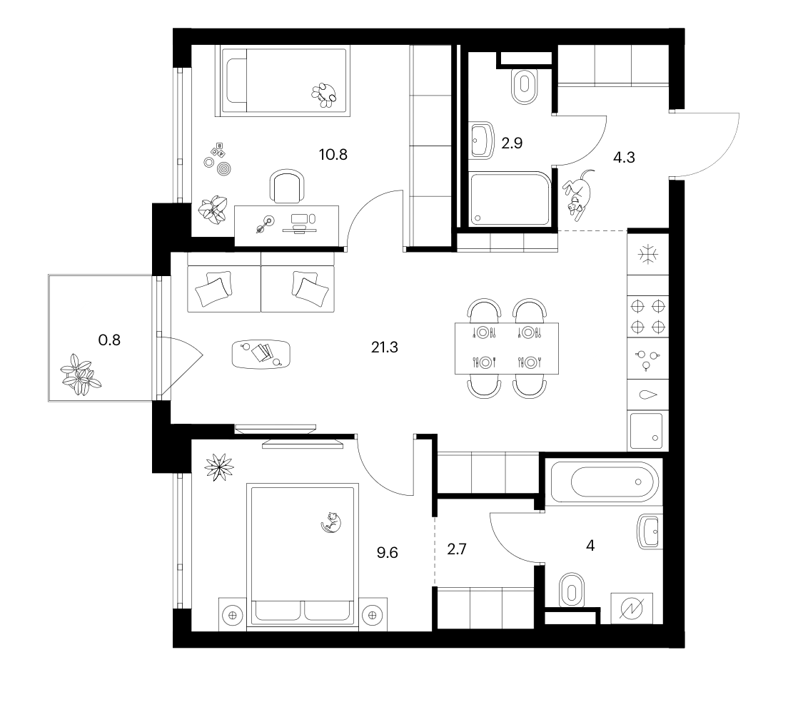 2-комн., 55.6 м², 2/24 этаж, ЖК «Зеленый парк»