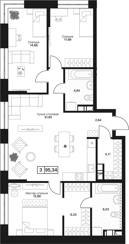 3-комн., 95.34 м², 11/17 этаж, ЖК «Пушкино Град»