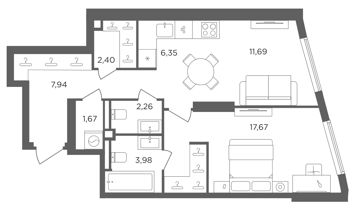 2-комн., 53.96 м², 7/30 этаж, ЖК «Сикрет Гарден»