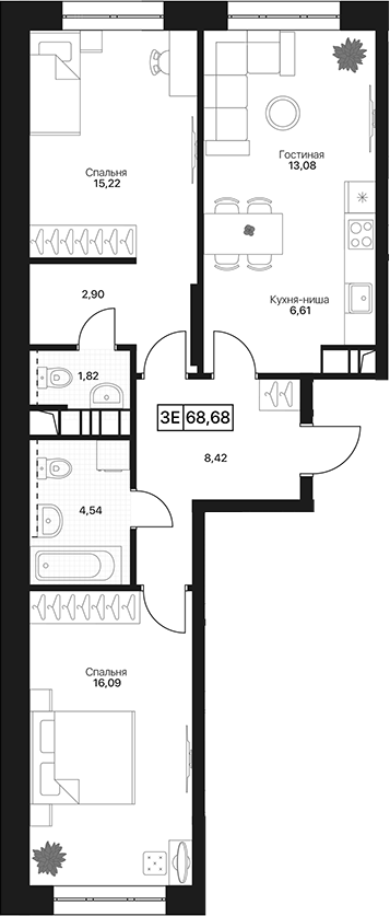 3-комн., 68.68 м², 4/13 этаж, ЖК «Пушкино Град»