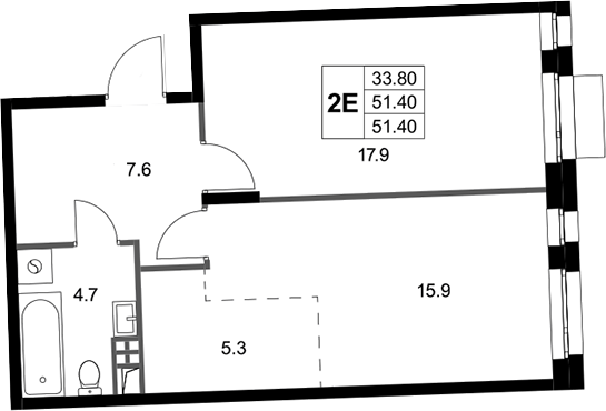 2-комн., 51.4 м², 2/3 этаж, ЖК «Кореневский Форт 2.3»