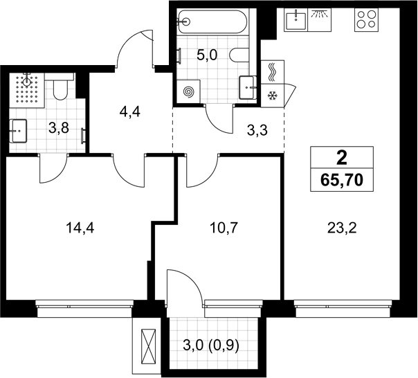 3-комн., 64.8 м², 3/8 этаж, ЖК «Хольм»