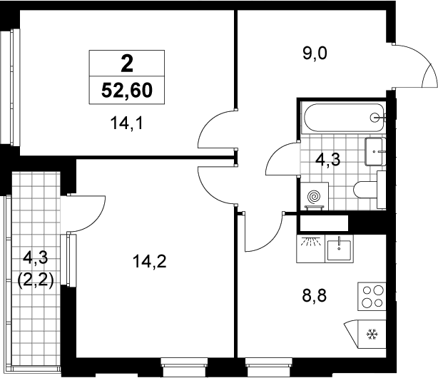2-комн., 50.4 м², 6/12 этаж, ЖК «Деснаречье»