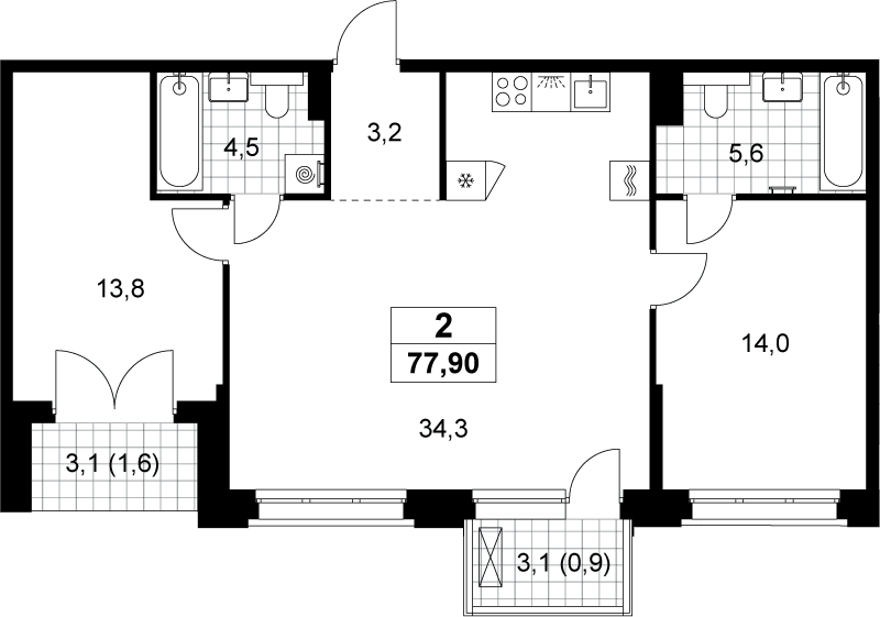 3-комн., 75.4 м², 7/13 этаж, ЖК «Хольм»