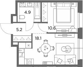 1-комн., 38.8 м², 4/4 этаж, ЖК «Станиславский»