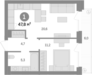 1-комн., 41.8 м², 14/43 этаж, ЖК «Квартал Издание»