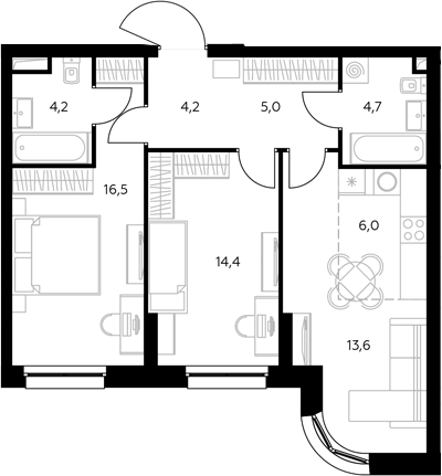 3-комн., 69.3 м², 21/43 этаж, ЖК «Адмирал»