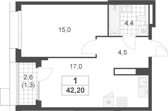 2-комн., 40.9 м², 5/17 этаж, ЖК «Скандинавия»