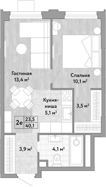 2-комн., 40.1 м², 24/29 этаж, ЖК «Новые Смыслы»