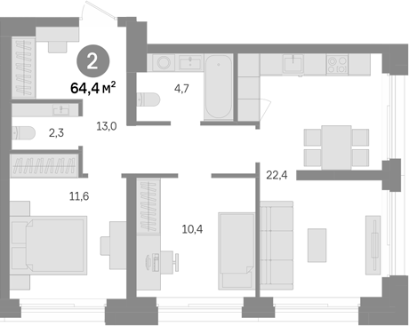 2-комн., 64.4 м², 20/43 этаж, ЖК «Квартал Издание»