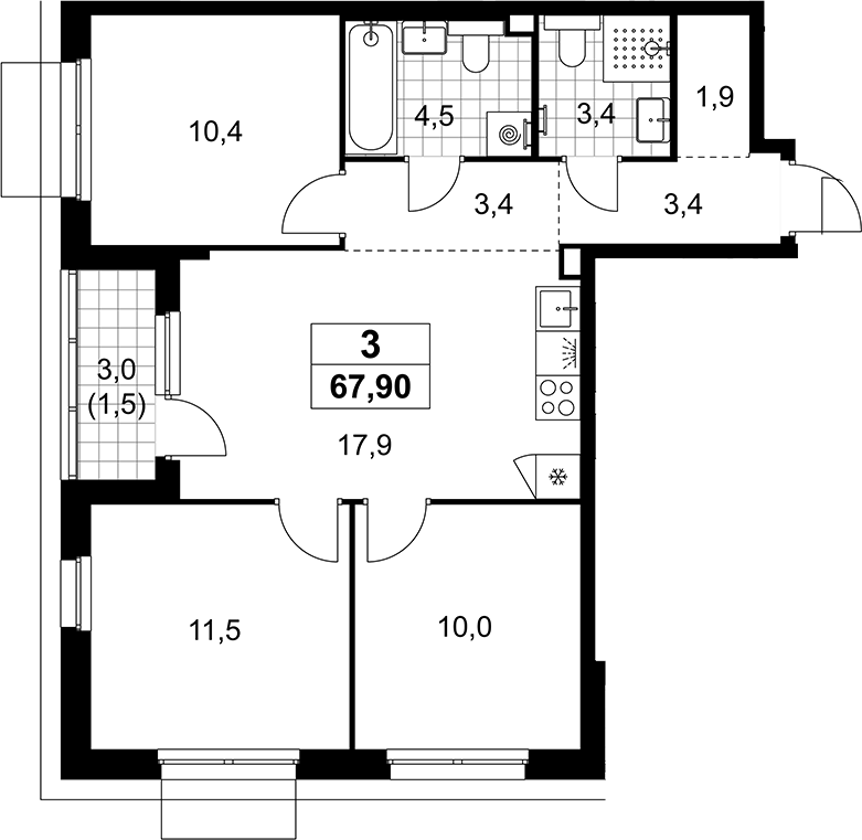 4+ комнаты, 66.4 м², 3/15 этаж, ЖК «Деснаречье»