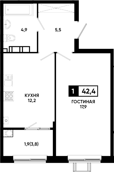 1-комн., 40.5 м², 11/23 этаж, ЖК «Резиденция Софи»